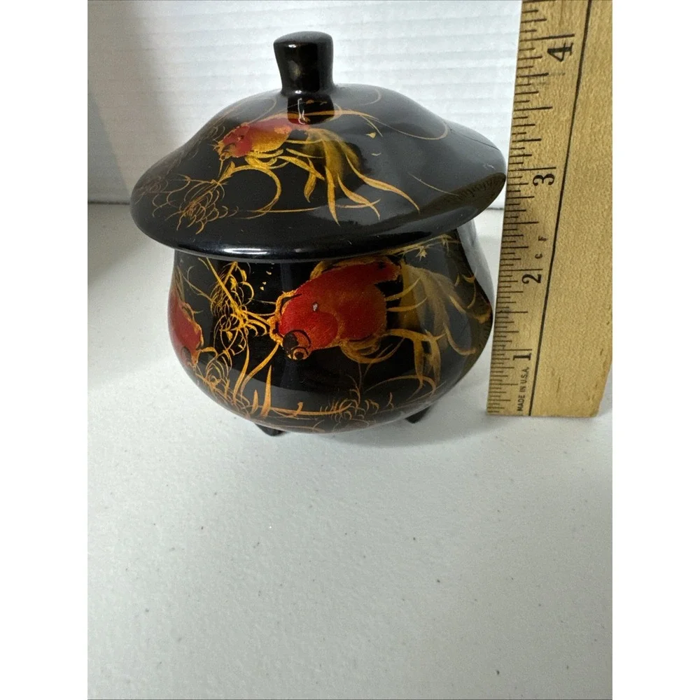 Vintage Singapore Black Lacquer Ware Lid Pot Hand Painted Koi Carp Fish
